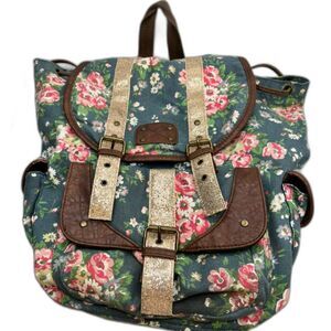 Mossimo Canvas Ruck/ Backpack BLU PNK Floral Fabric Straps GLD Glitter Closure